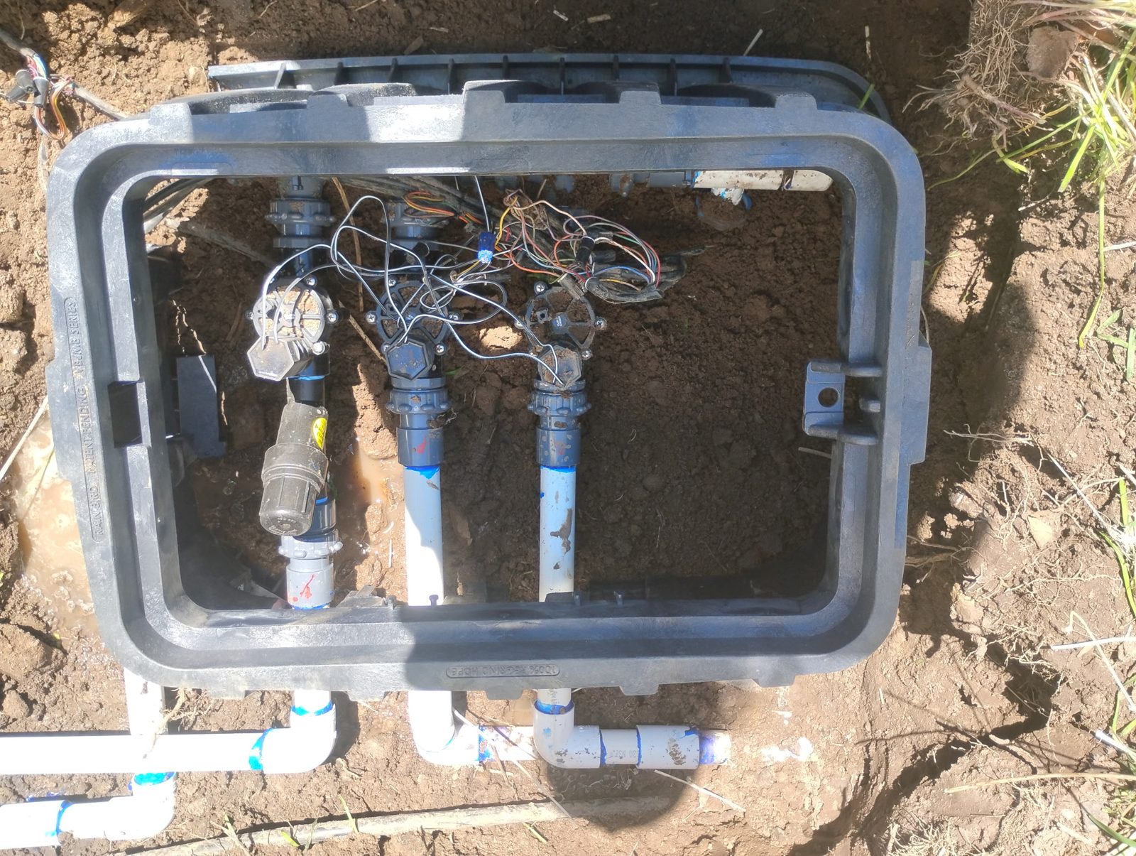 Sprinkler valve box with new valves and wiring connections