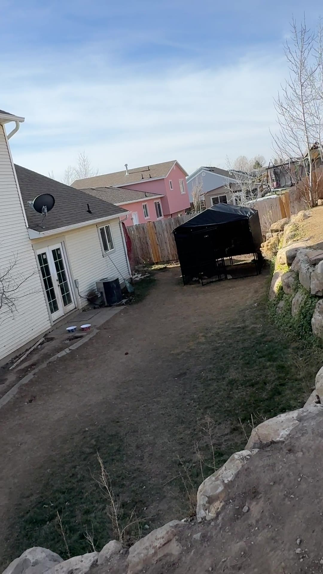Before: sloped, unfinished backyard with boulders and bare dirt