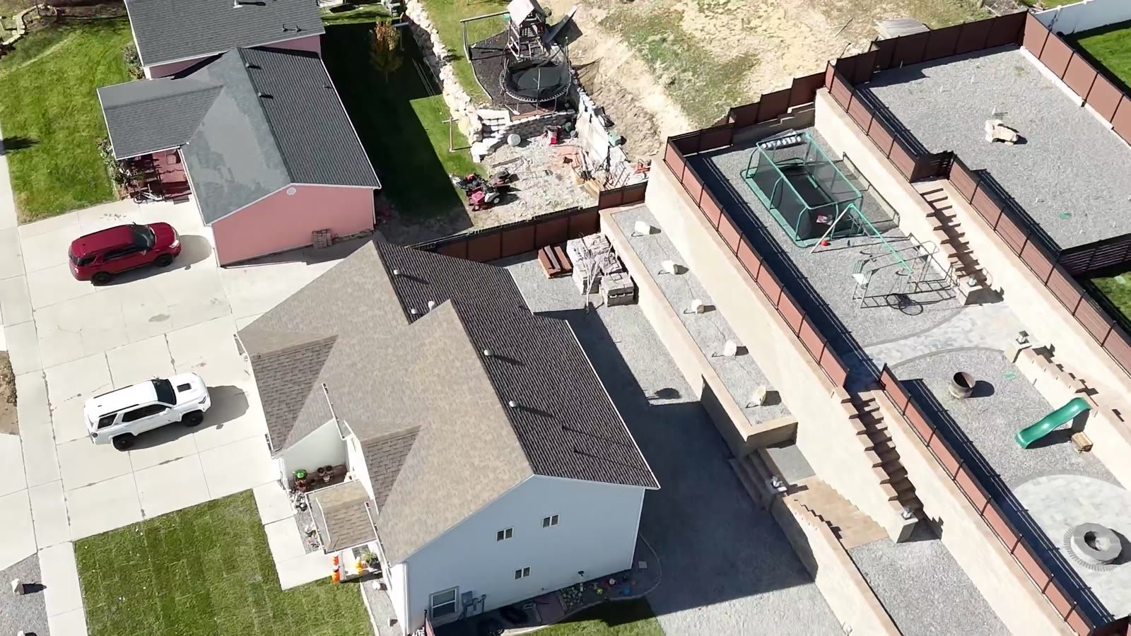 Drone view of the paver patio, block steps and fire pit
