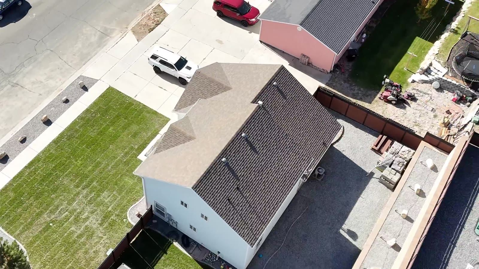 Drone view of the finished terraced backyard and patio